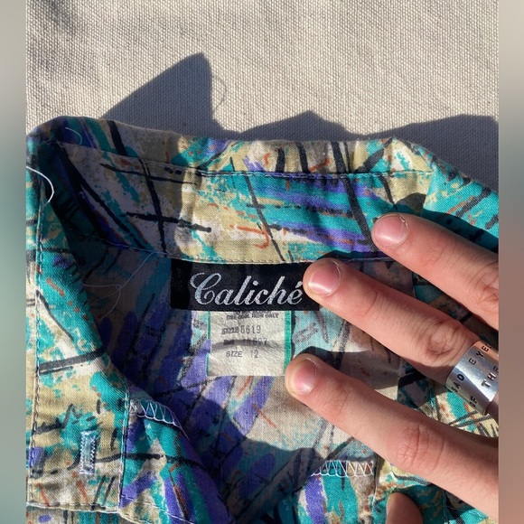 Caliche All Over Print Dress Vintage 80s 3/4 Sleeve Pockets Collared Funky - Picture 13 of 14